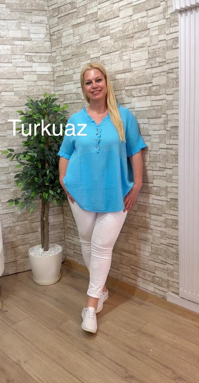 1164 ŞALAŞ KALIP MÜSLİN BLUZ-TURKUAZ