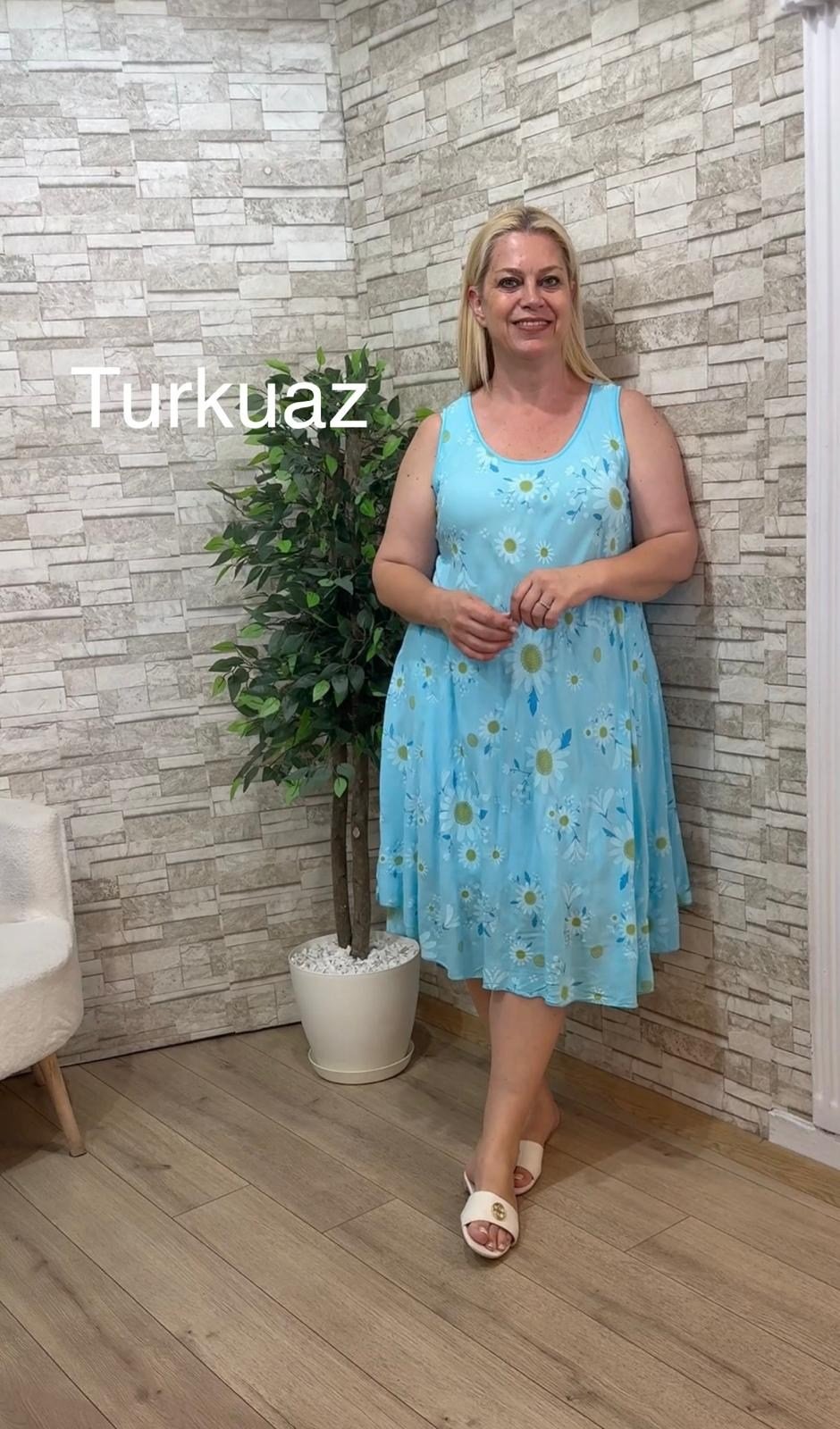 1223 İTALYAN KOLSUZ VİSKON ELBİSE-TURKUAZ