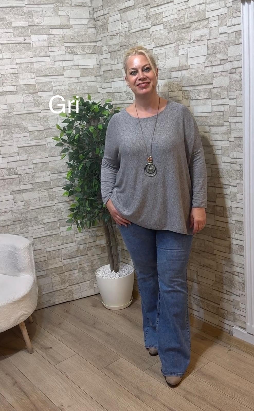 1256 İTALYAN YUVARLAK YAKA SALAŞ BLUZ-GRİ