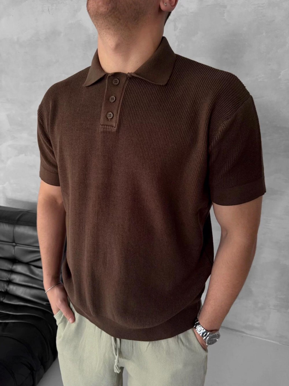 Kahve Yakalı Triko Tshirt