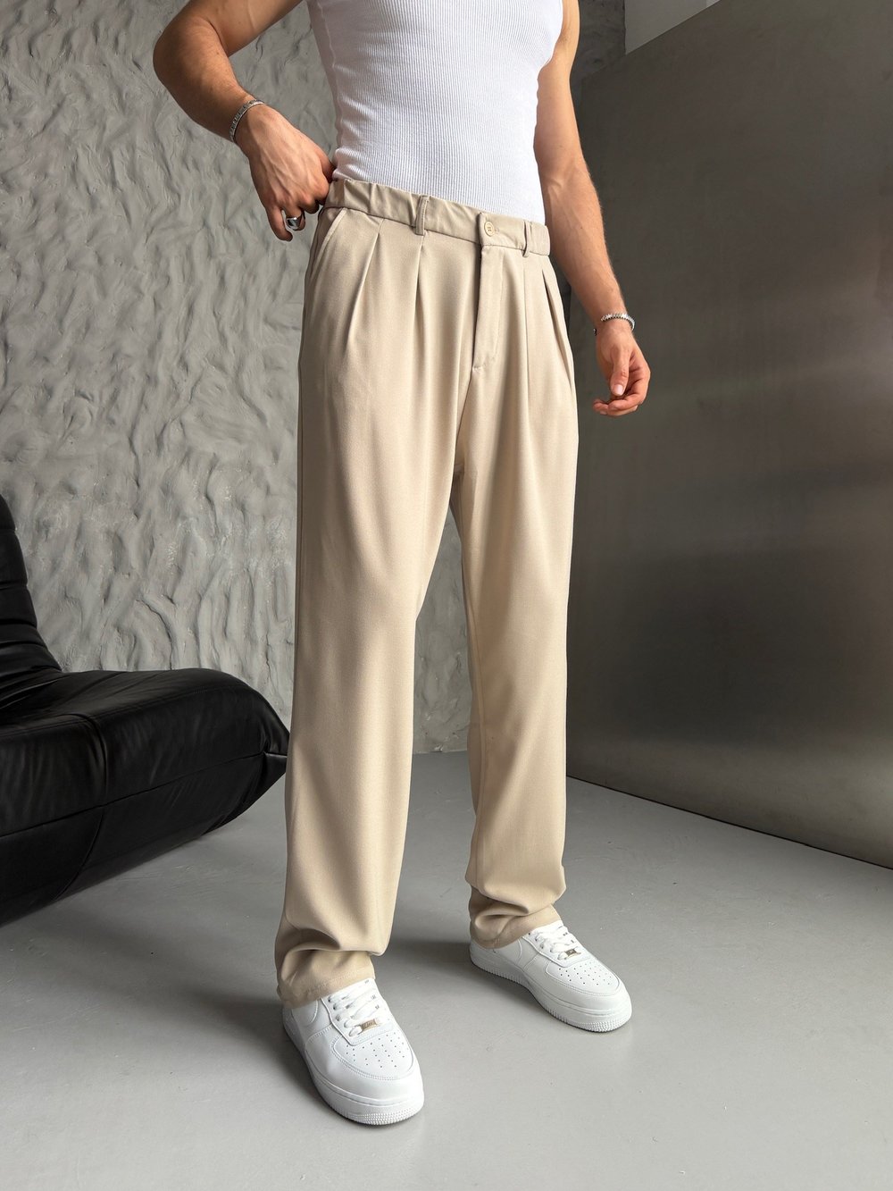 BEJ PİLELİ BAGGY KUMAŞ PANTOLON
