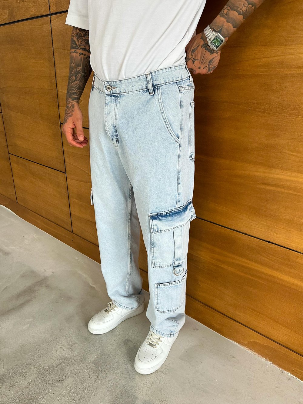 Buz Mavi Çift Kargo Cep Baggy Pantolon