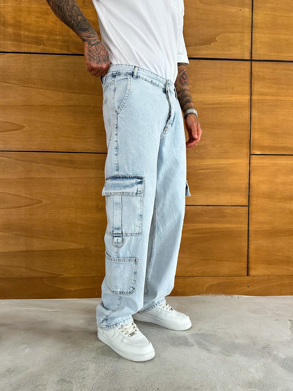 Buz Mavi Çift Kargo Cep Baggy Pantolon