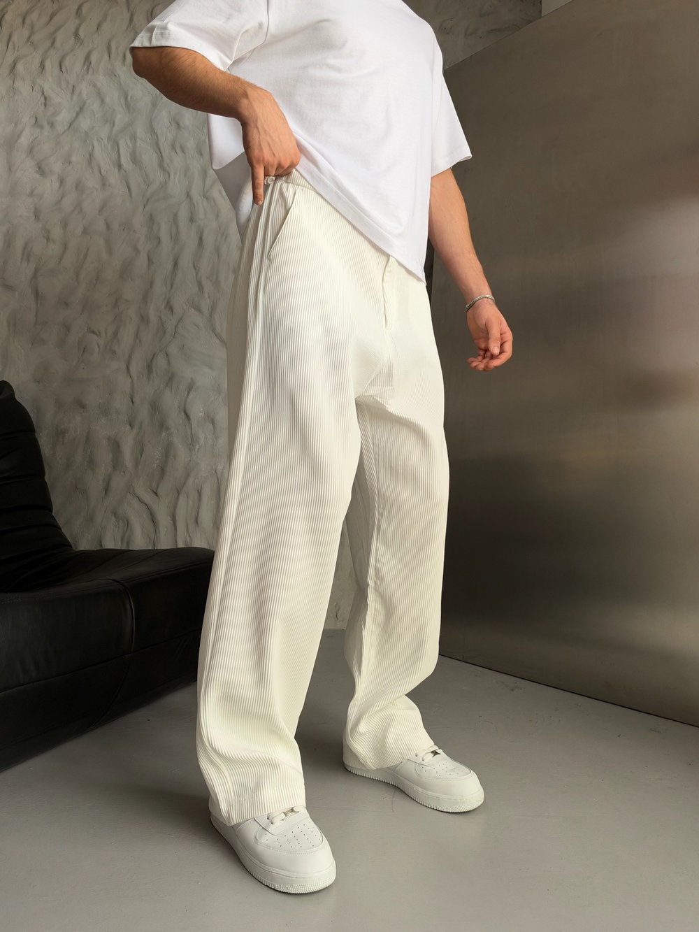 EKRU FİTİLLİ KUMAŞ BAGGY PANTOLON
