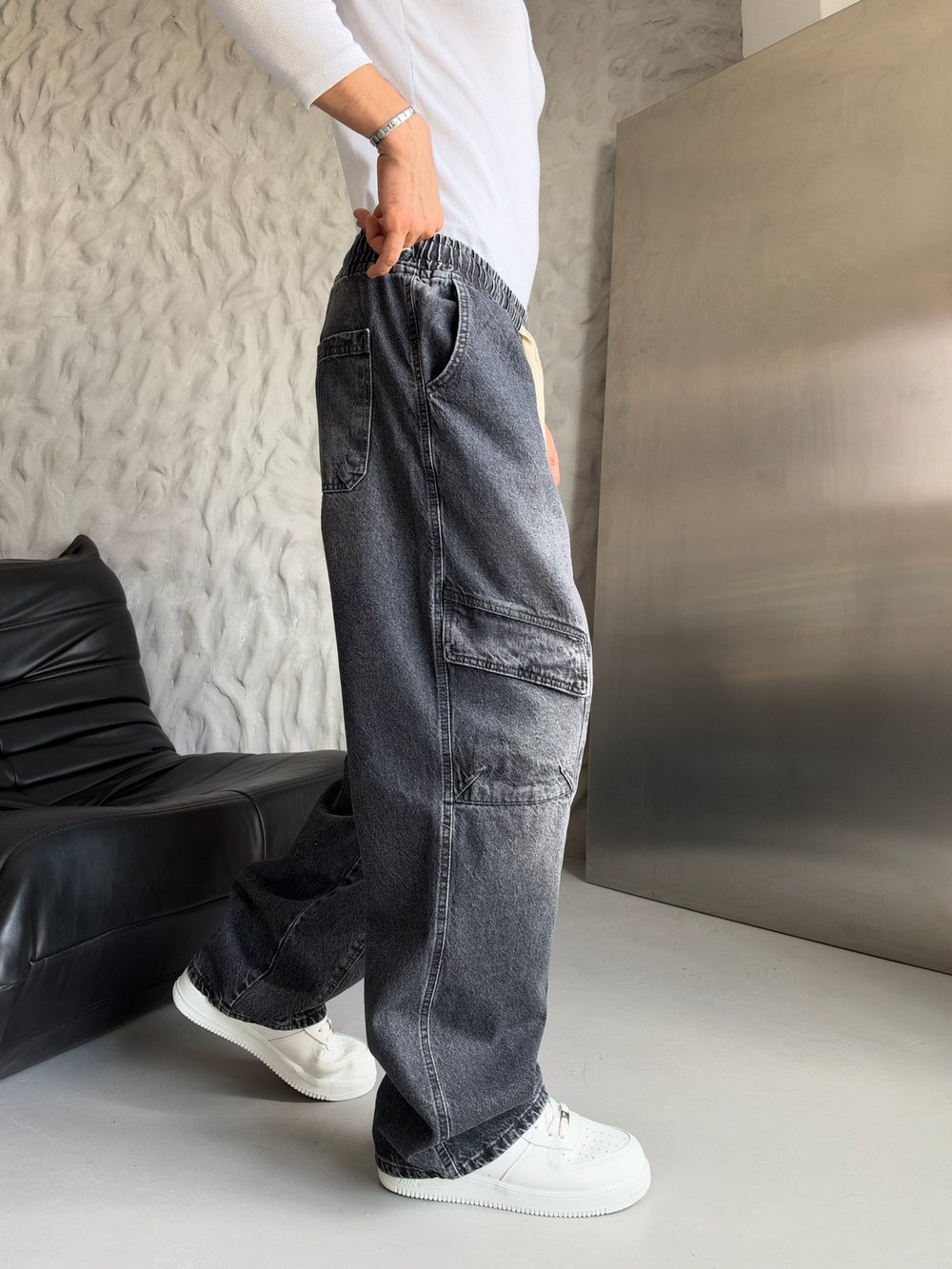 FÜME BELİ LASTİKLİ KARGO CEPLİ BAGGY PANTOLON