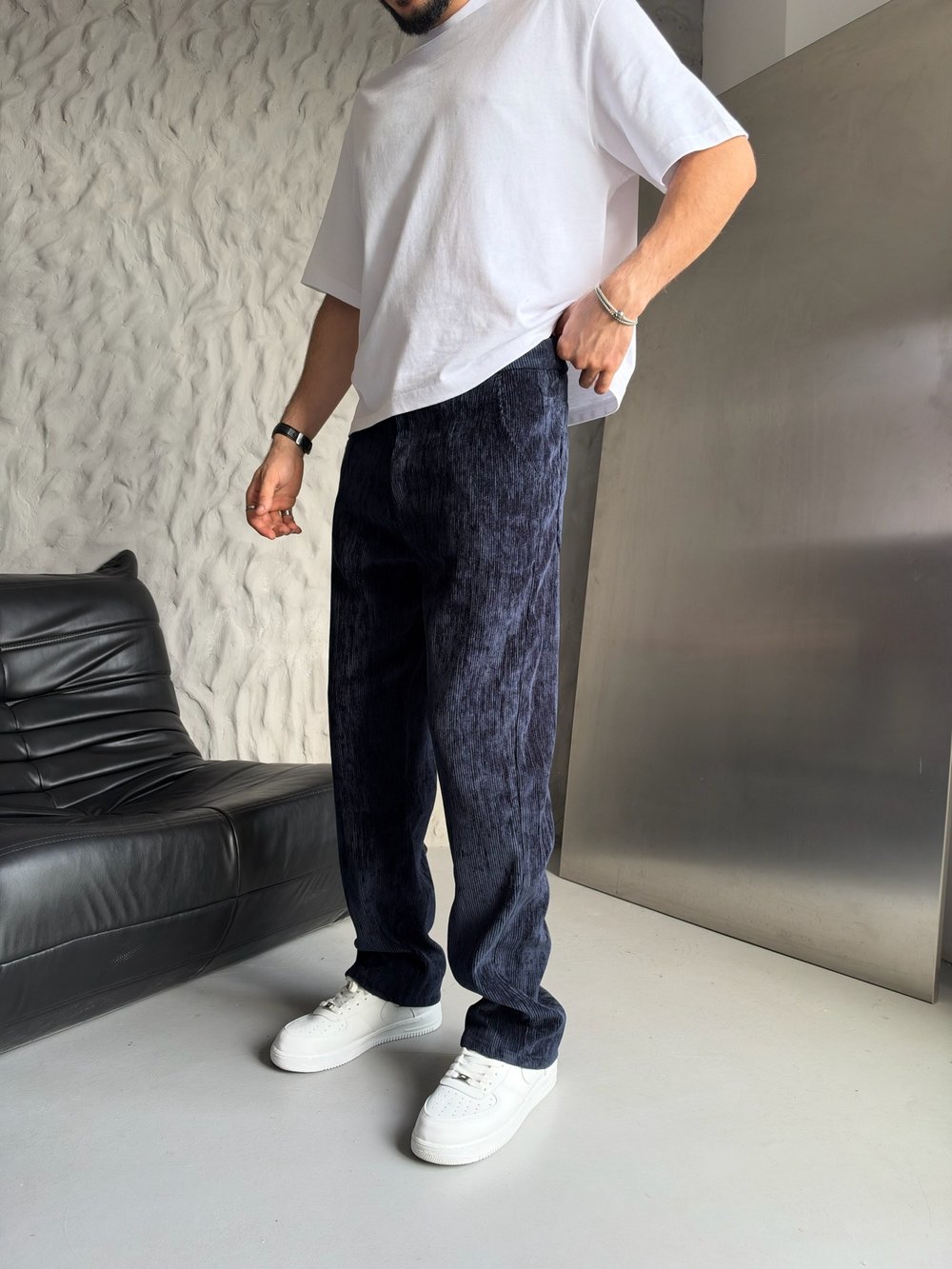 LACİVERT REGULAR KALIP KADİFE PANTOLON