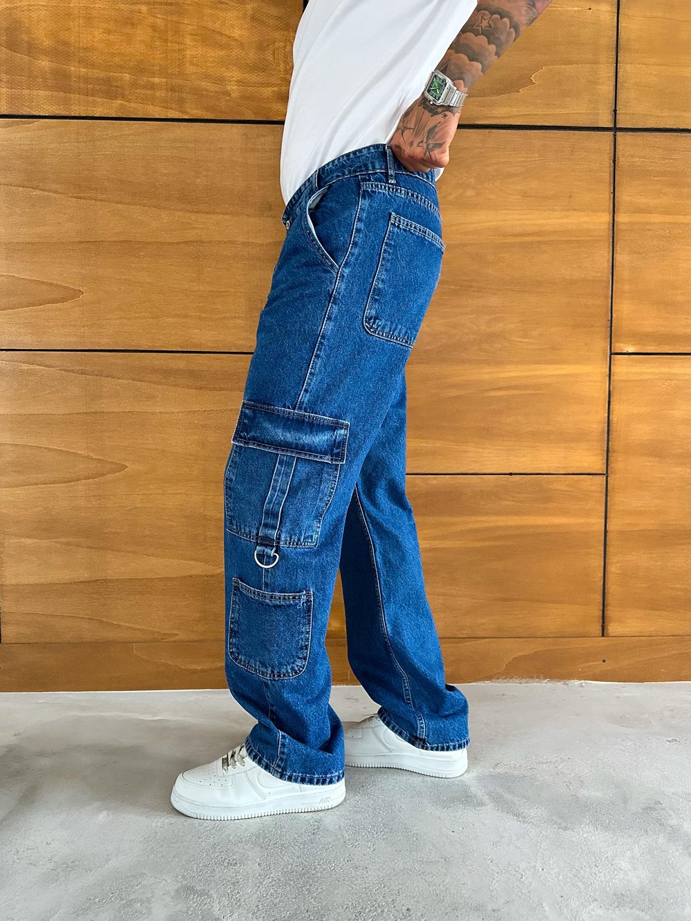 Mavi Çift Kargo Cep Baggy Pantolon
