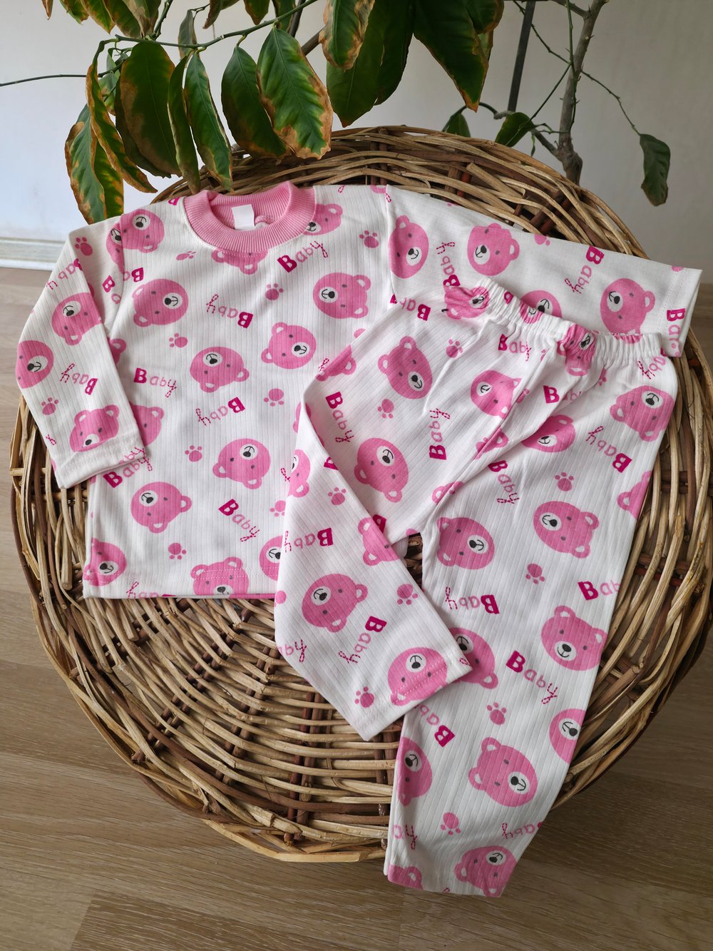 ayı baskılı pembe pamuklu unisex bebek çocuk takımı