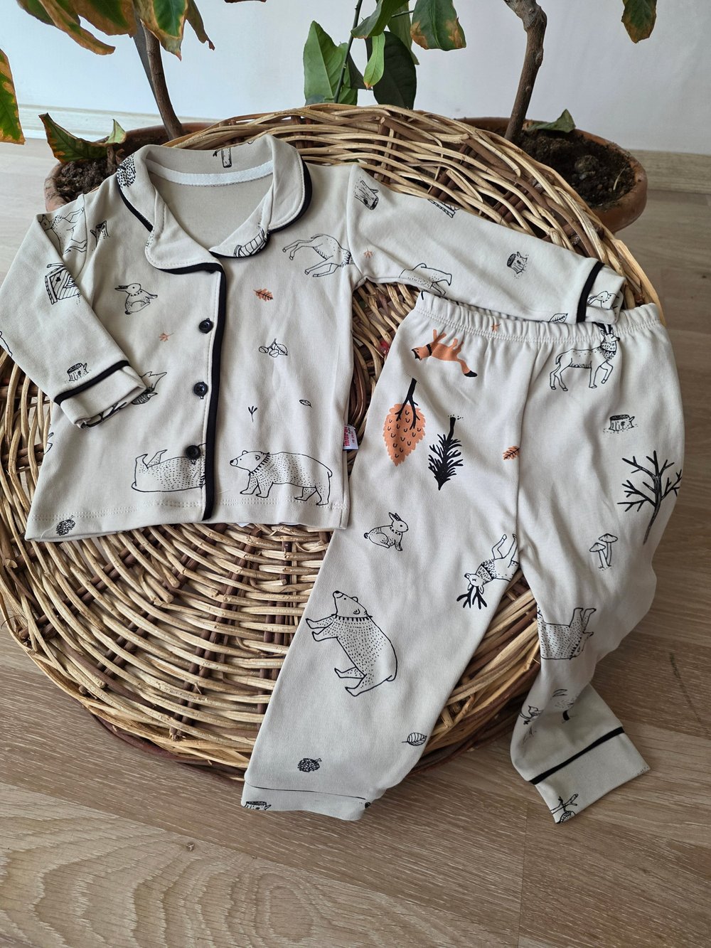 Geyik Baskılı Bebek Pijama Takımı Pamuk Rahat Uyku Takımı  Ön Yazı