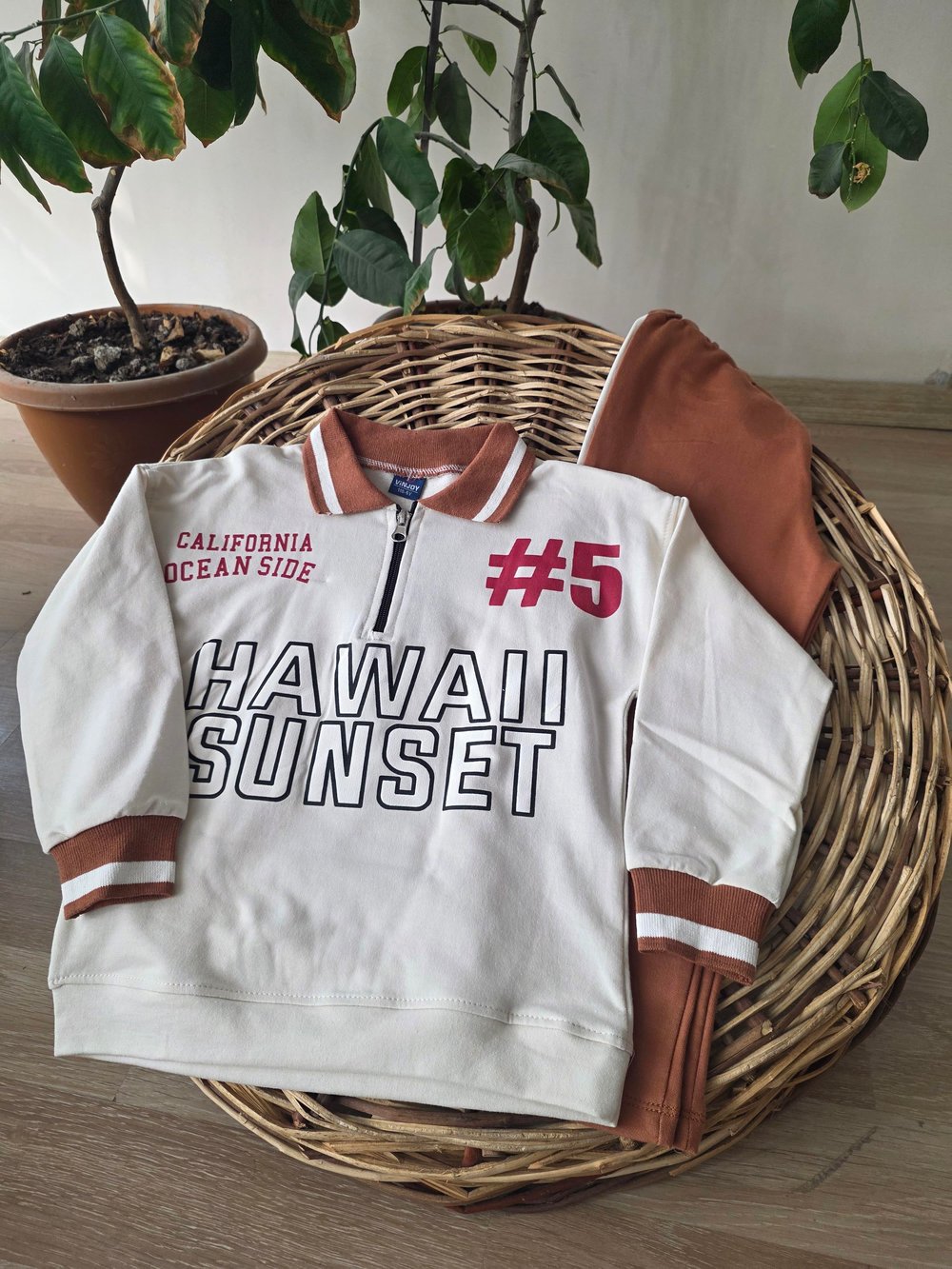 hawaii baskılı kahve fermuarlı 2li takım çocuk günlük spor