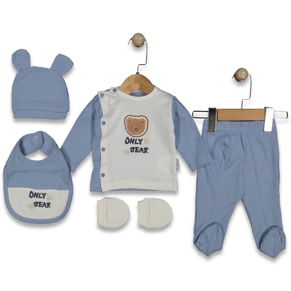 Only Bear Nakışlı %100 Pamuk 5’li Erkek Bebek Zıbın Seti Mavi