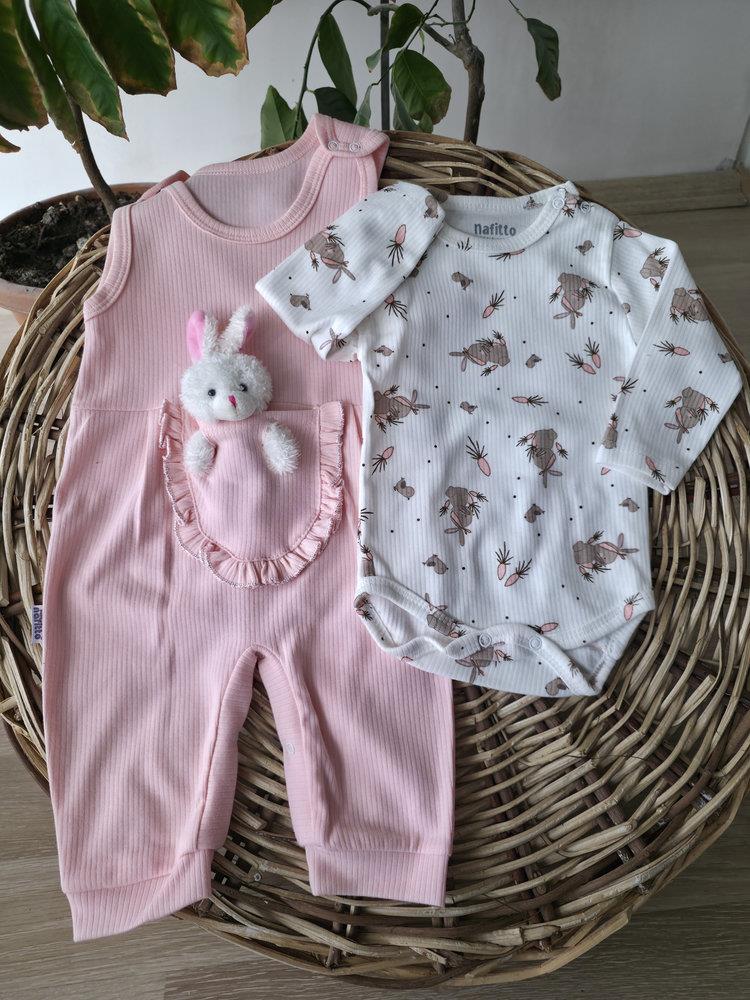 Tavşan Detaylı Askılı Tulum Ve Uzun Kollu Body 2li Bebek Takımı %100 Pamuk Pembe