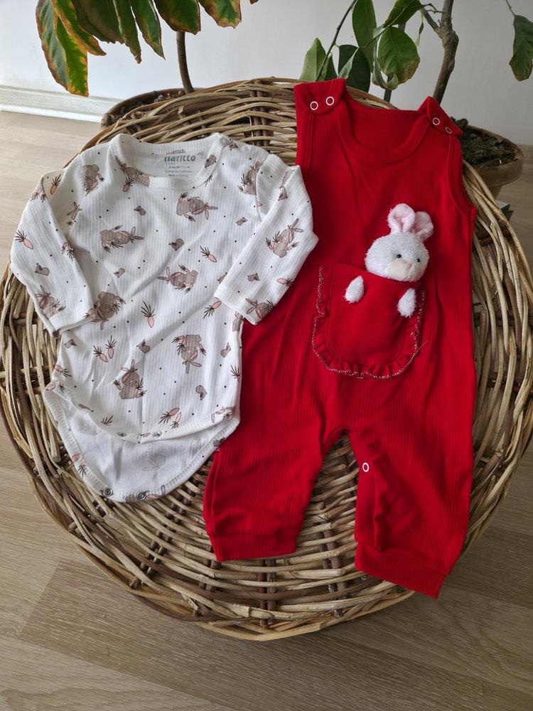 Tavşan Detaylı Askılı Tulum Ve Uzun Kollu Body 2li Bebek Takımı %100 Pamuk Kırmızı