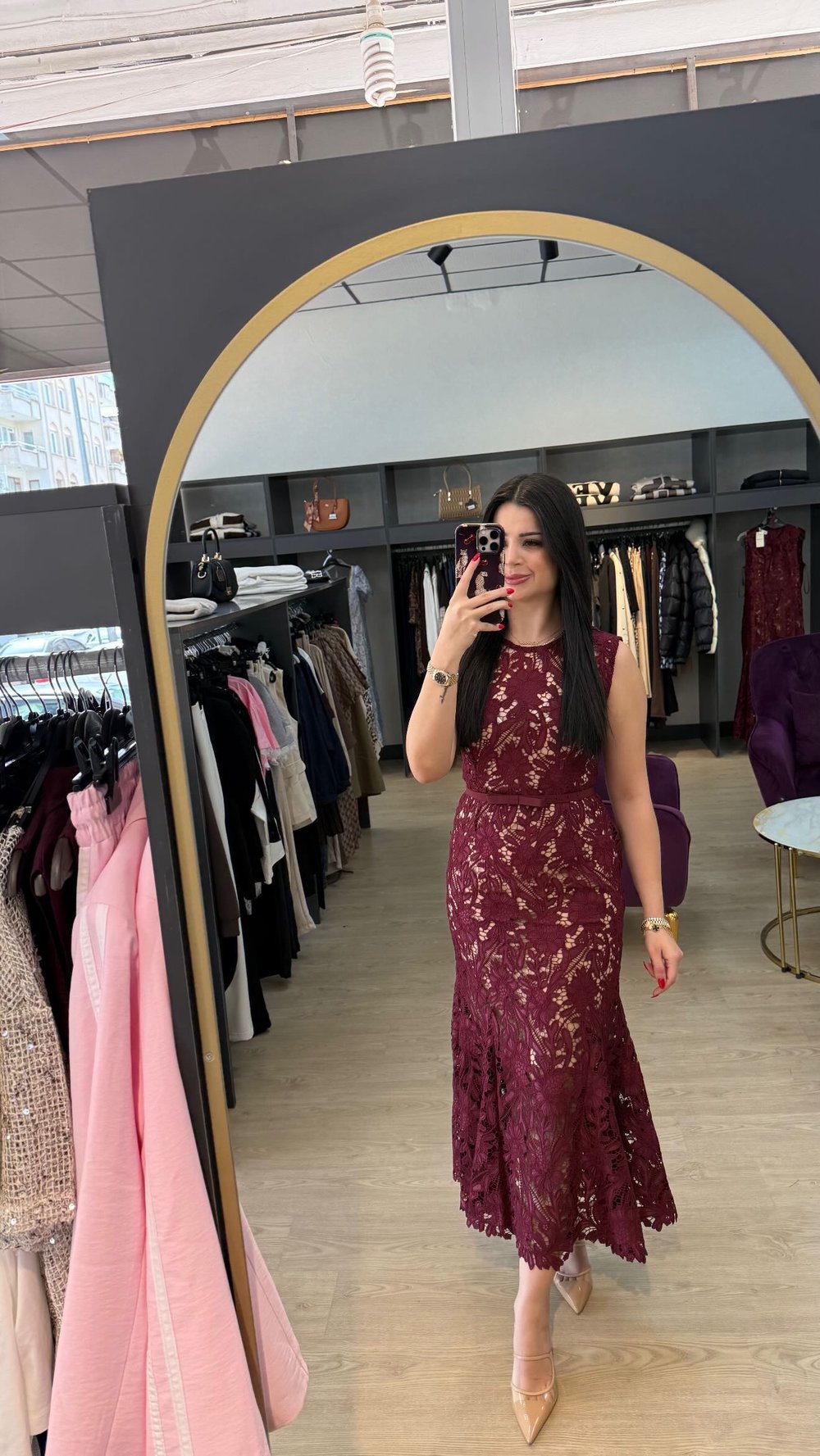 Bordor Güpürlü Kumaş Kemerli Elbise (DAR KALIP)