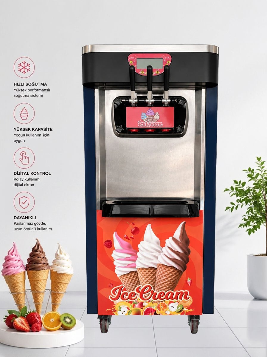 Happyicecream Üç Kollu Soft Dondurma Makinesi 16 lt HPY-0018B Tekerlekli 2+1