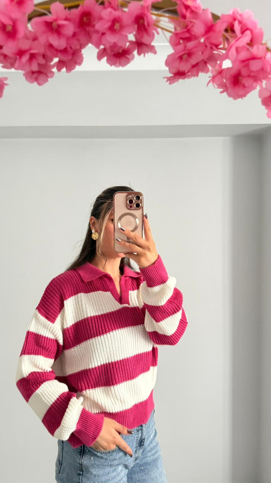 ÇİZGİLİ KAZAK PEMBE