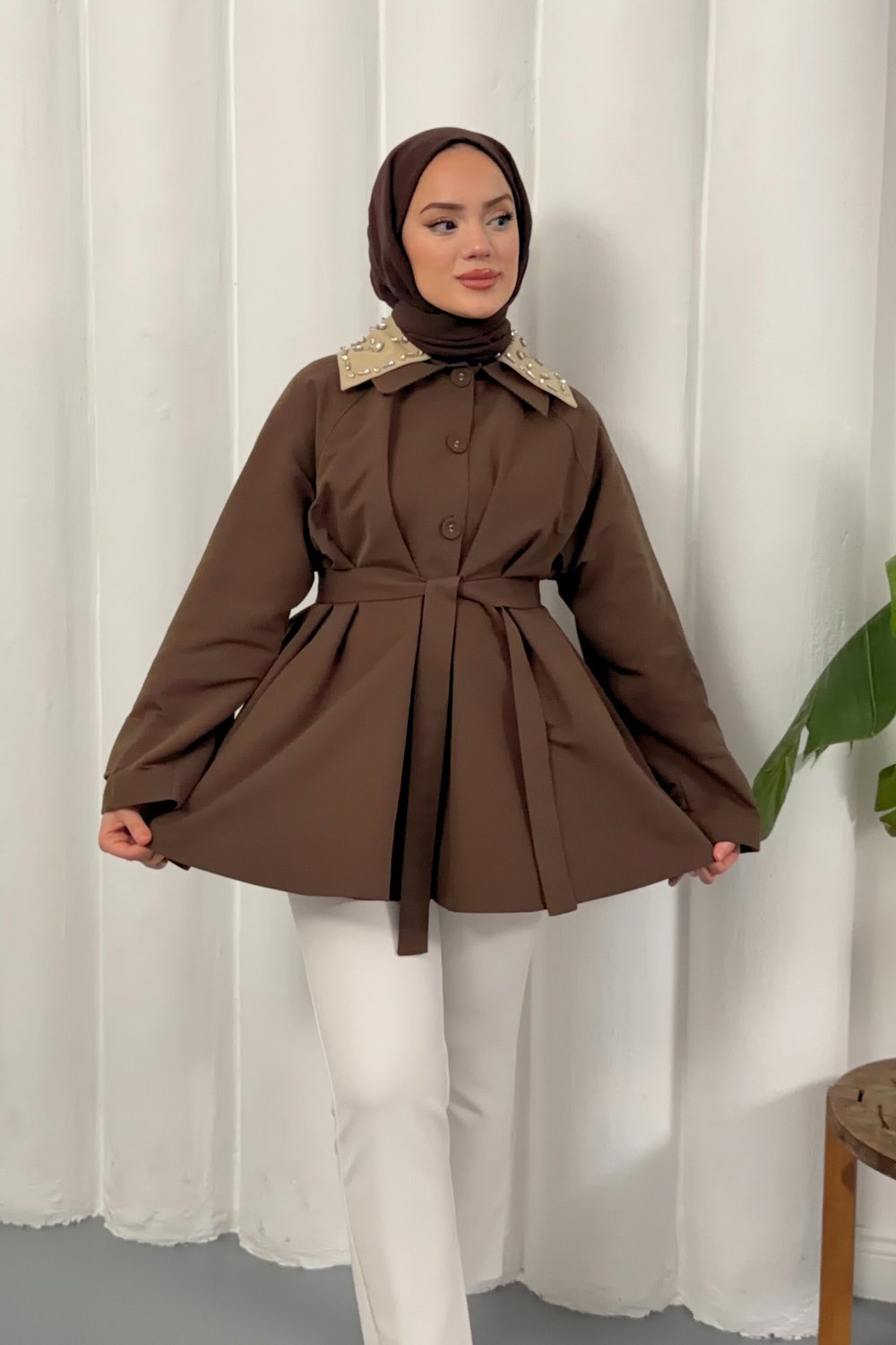 Dore Taşlı Trench - Kahverengi