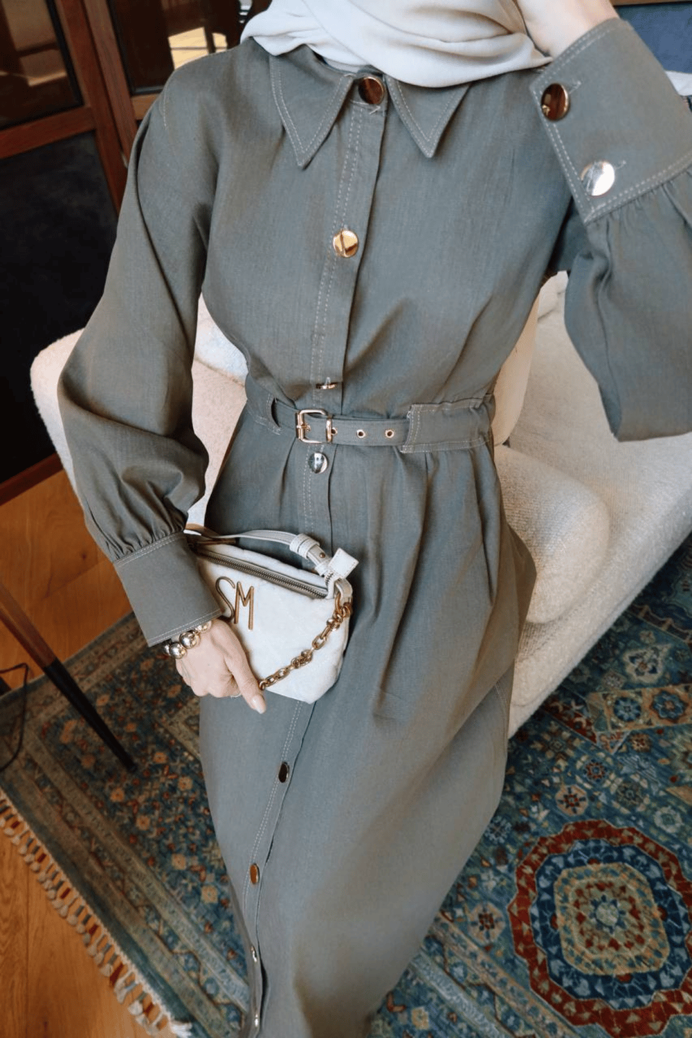 Mina Denim Elbise - Haki