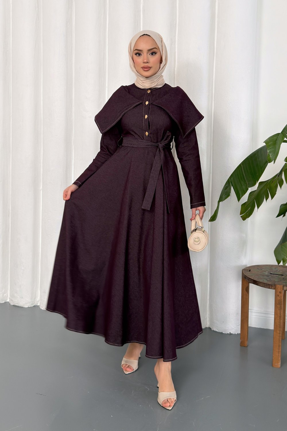 Neva Denim Elbise - Bordo