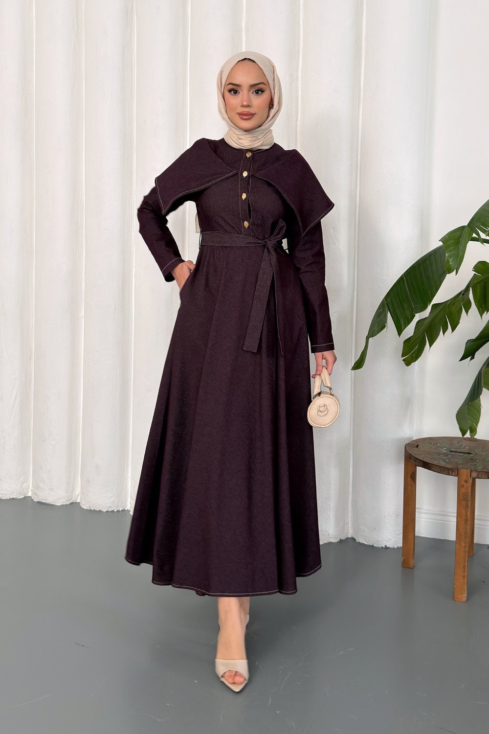 Neva Denim Elbise - Bordo