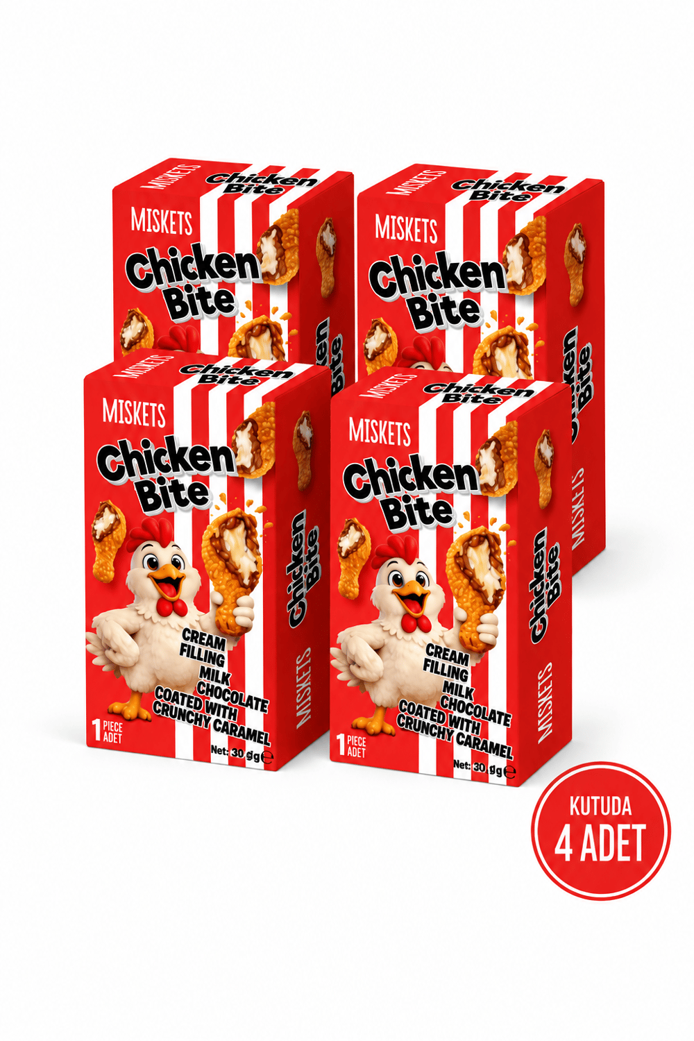 Miskets Chicken Bite Tavuk Budu Çikolata – Akışkan Karamelize Bisküvi Kaplı Krema Dolgulu Çikolata(4'lü Paket) 50 g x 4 Adet