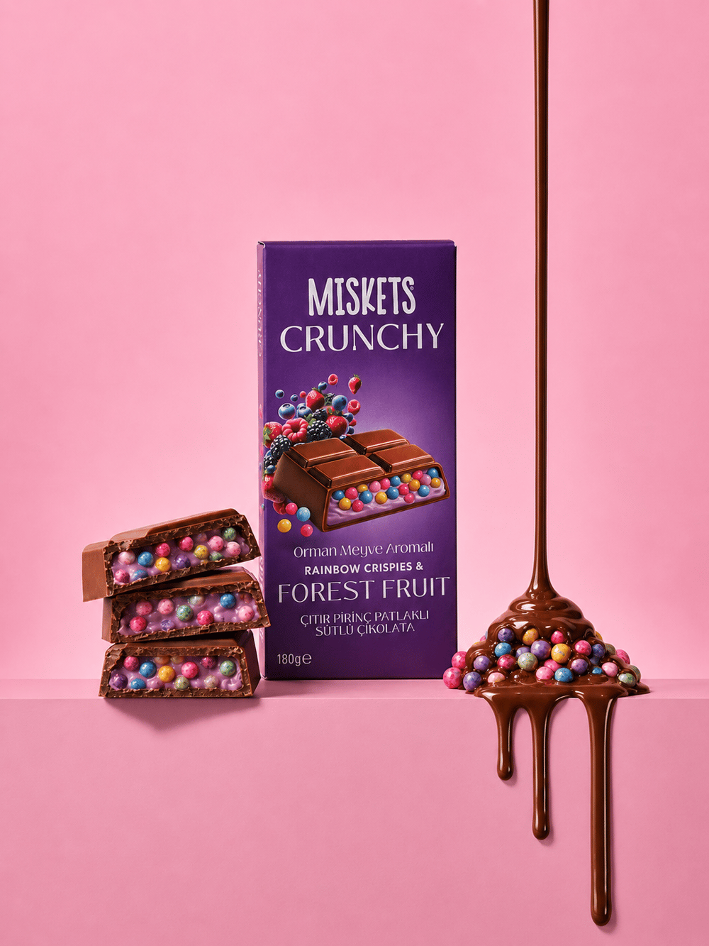 Miskets Renkli Çıtır Pirinç Patlaklı Orman Meyveli Tablet Çikolata 180 gr