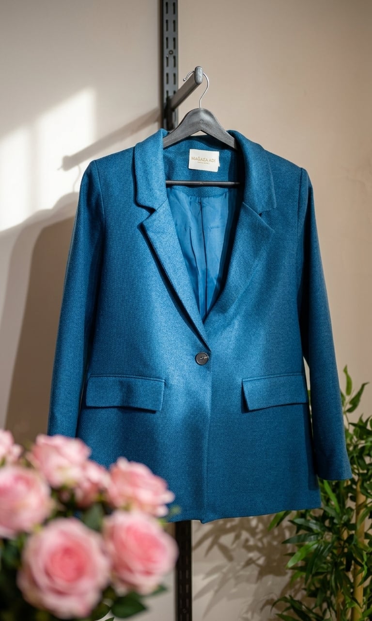 Kadın Mavi Tek Düğmeli Klasik Blazer Ceket