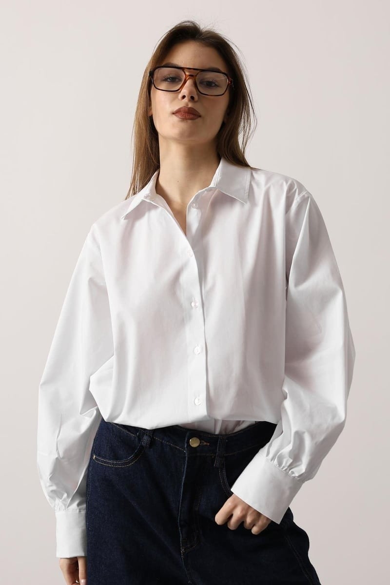 Kadın Oversize Basic Gömlek Beyaz