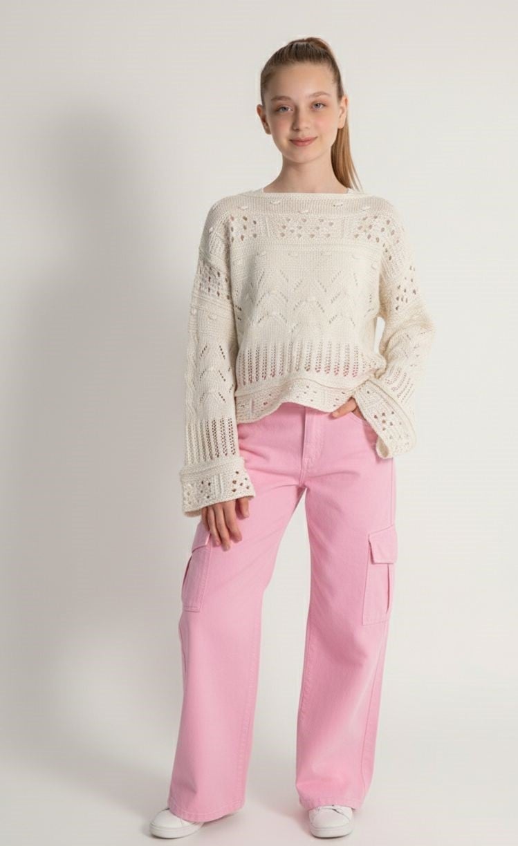 Kız Çocuk Gabardın Kargo Cep Pantolon Pembe (9-14 Yaş)
