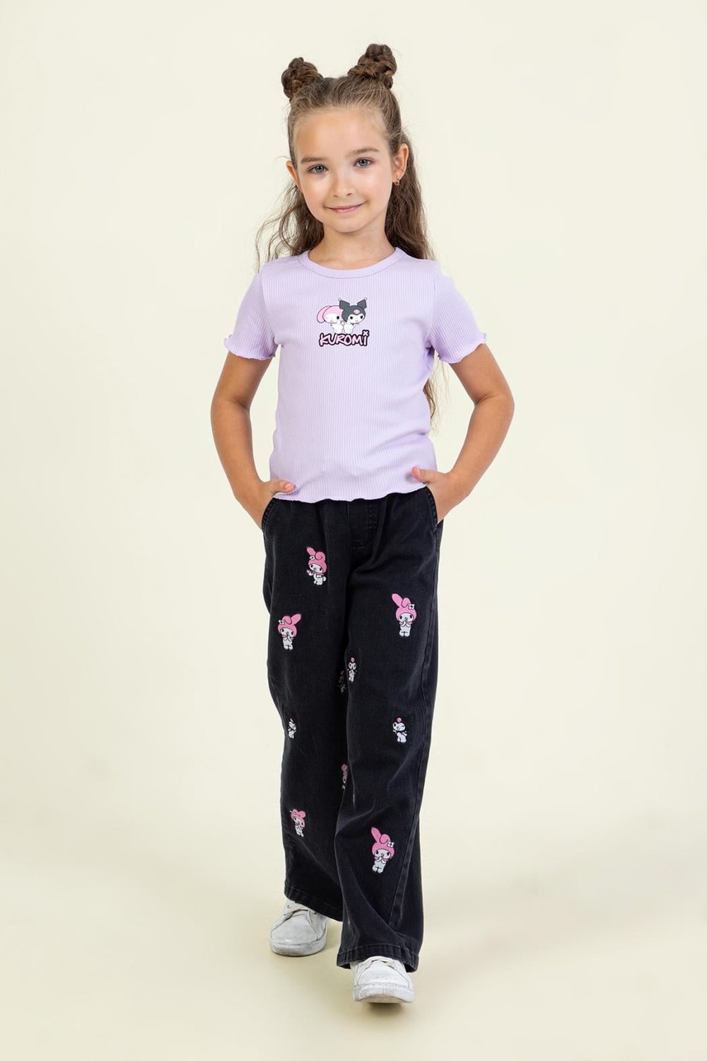 Kız Çocuk Lisanslı Nakışlı Geniş Paça (Wide Leg) Pantolon - Siyah (4-9 Yaş)