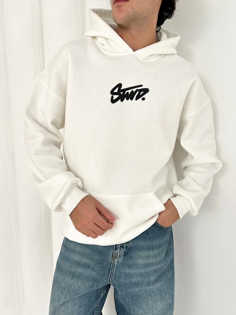 3 İPLİK PAMUKLU KUMAŞ STW KAPÜŞONLU SWEAT BEYAZ