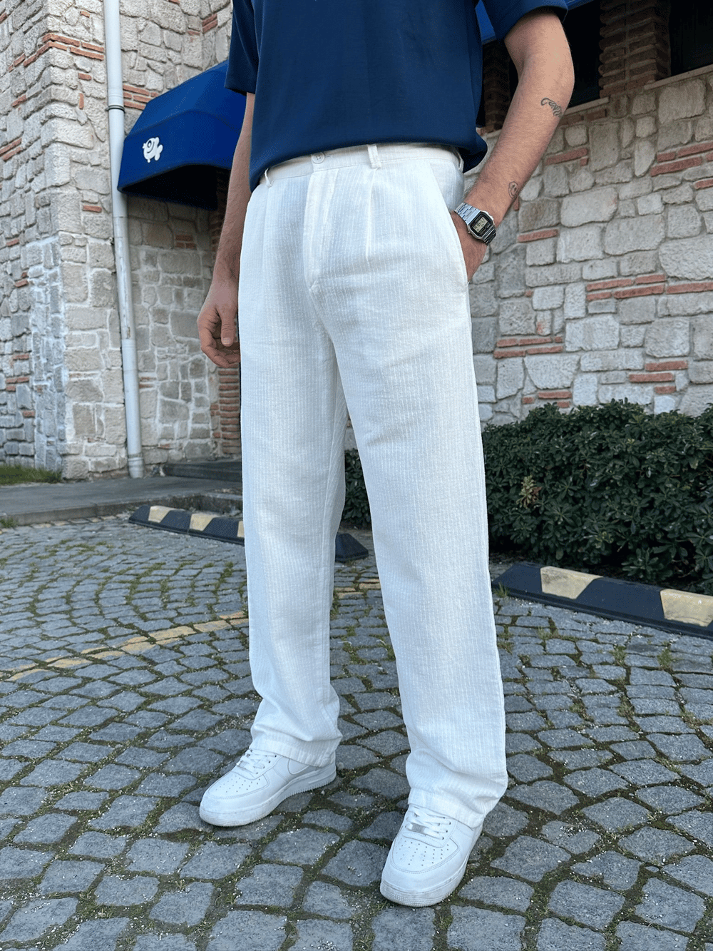 BAGGY KALIP KETEN KUMAŞ ŞERİTLİ DS PANTOLON BEYAZ