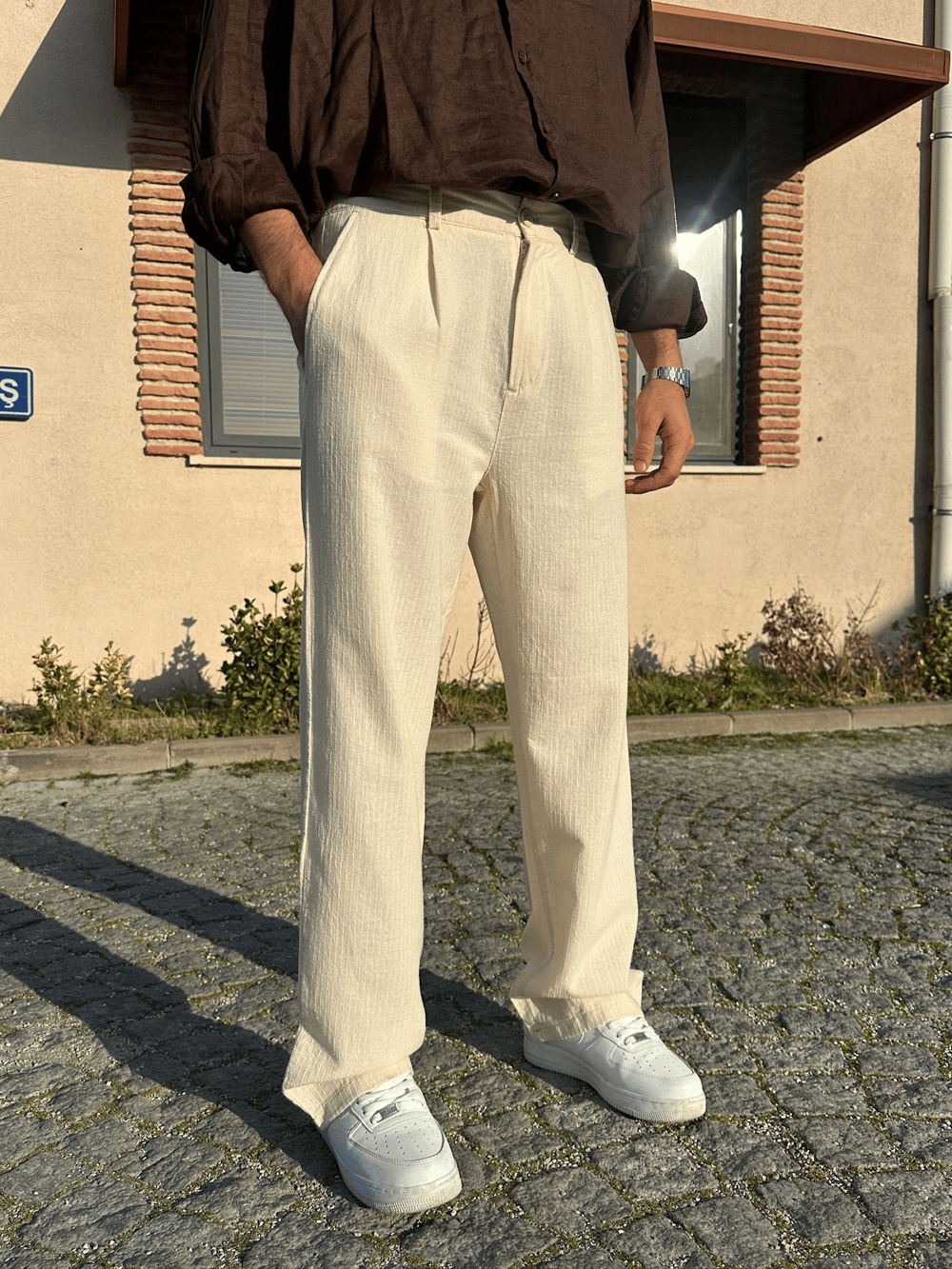 BAGGY KALIP KETEN KUMAŞ ŞERİTLİ DS PANTOLON KREM