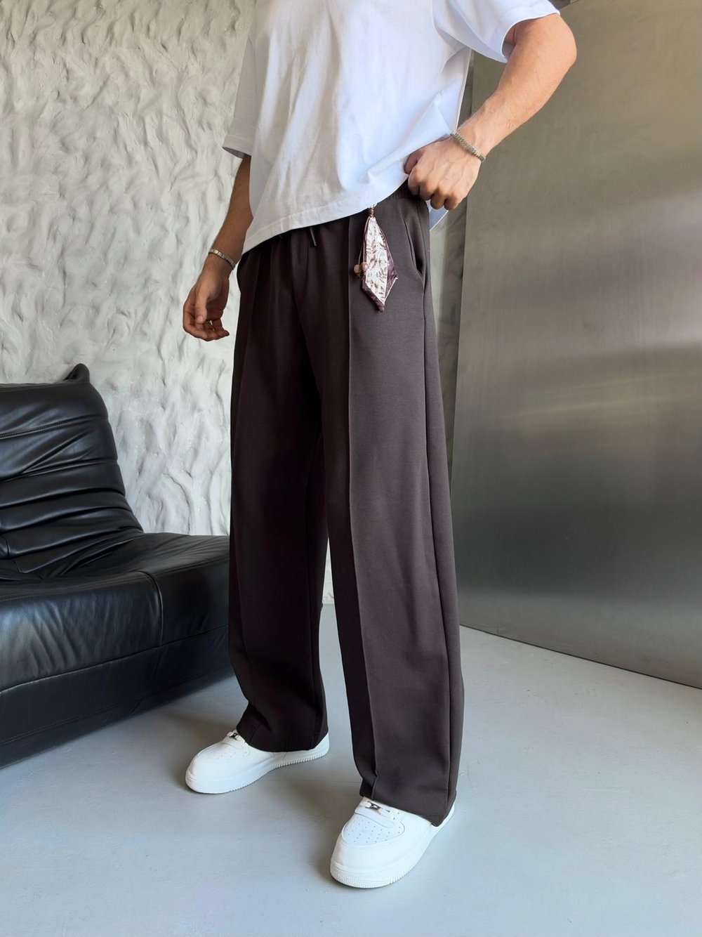 MODAL KUMAŞ FULARLI BAGGY EŞOFMAN ALTI  KAHVE