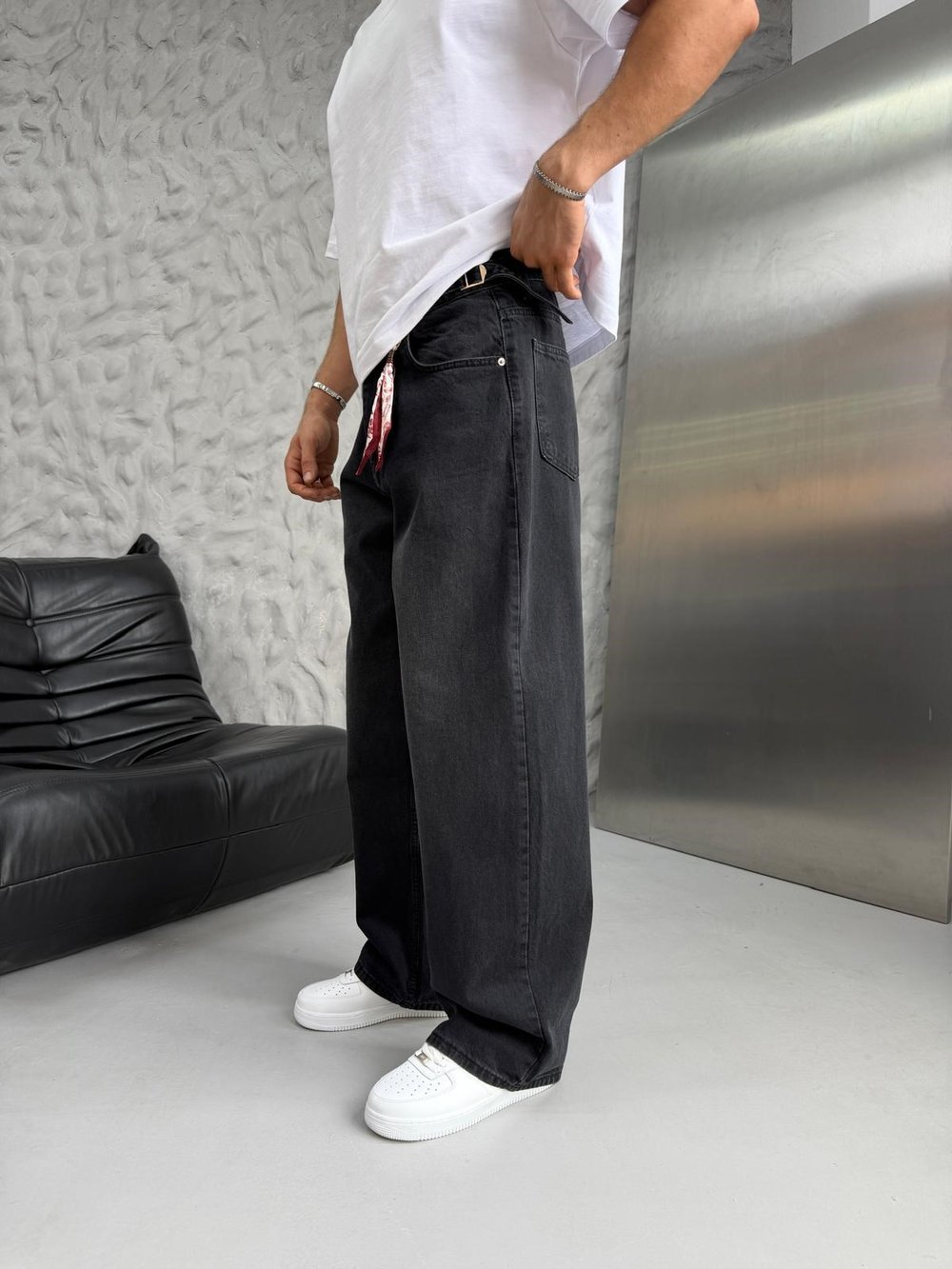 SÜPER BAGGY FULARLI KOT PANTOLON SİYAH