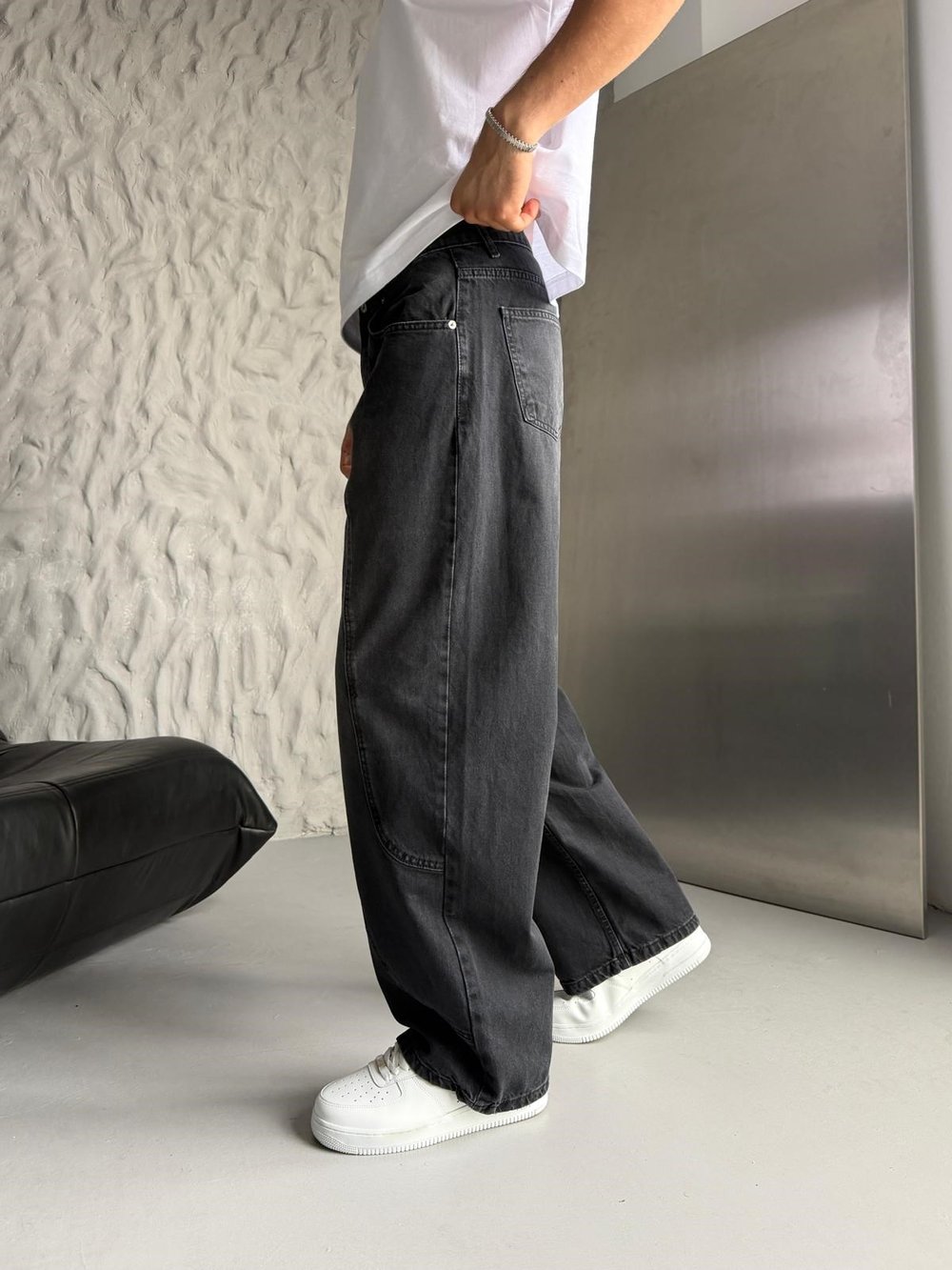 SÜPER BAGGY PARÇA ŞERİTLİ KOT PANTOLON SİYAH