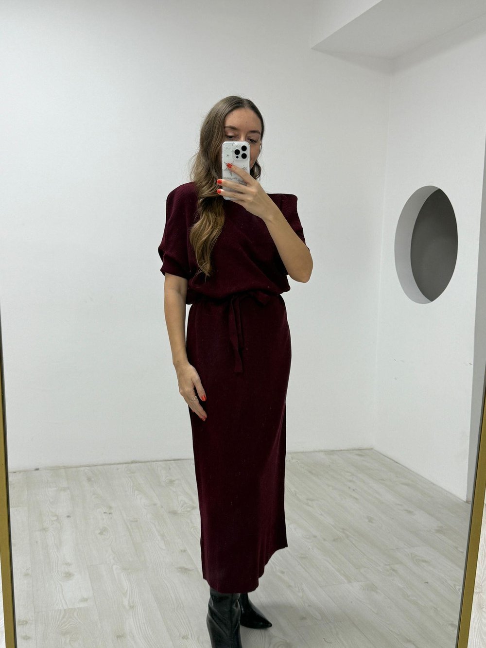 Bordo Triko Kuşaklı  Elbise 