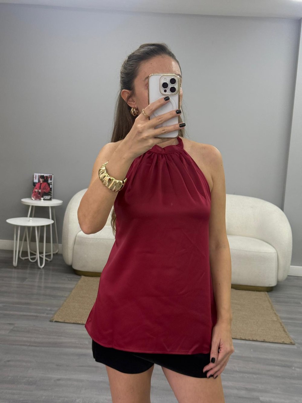 Boyundan Bağlamalı Saten Bluz