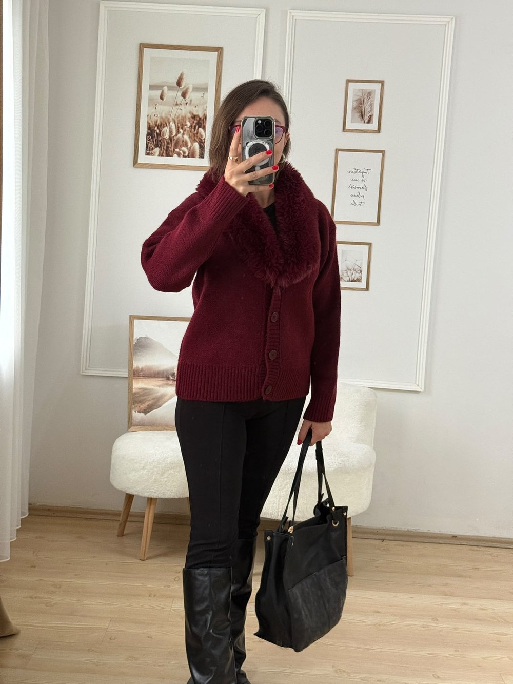 Kürk Yaka Bordo Hırka