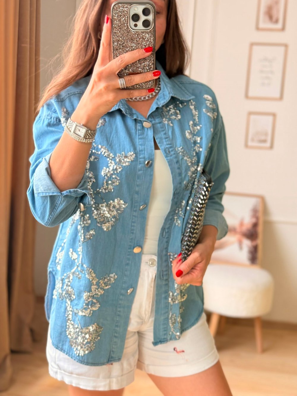 Luna Taş İşlemeli Denim Gömlek