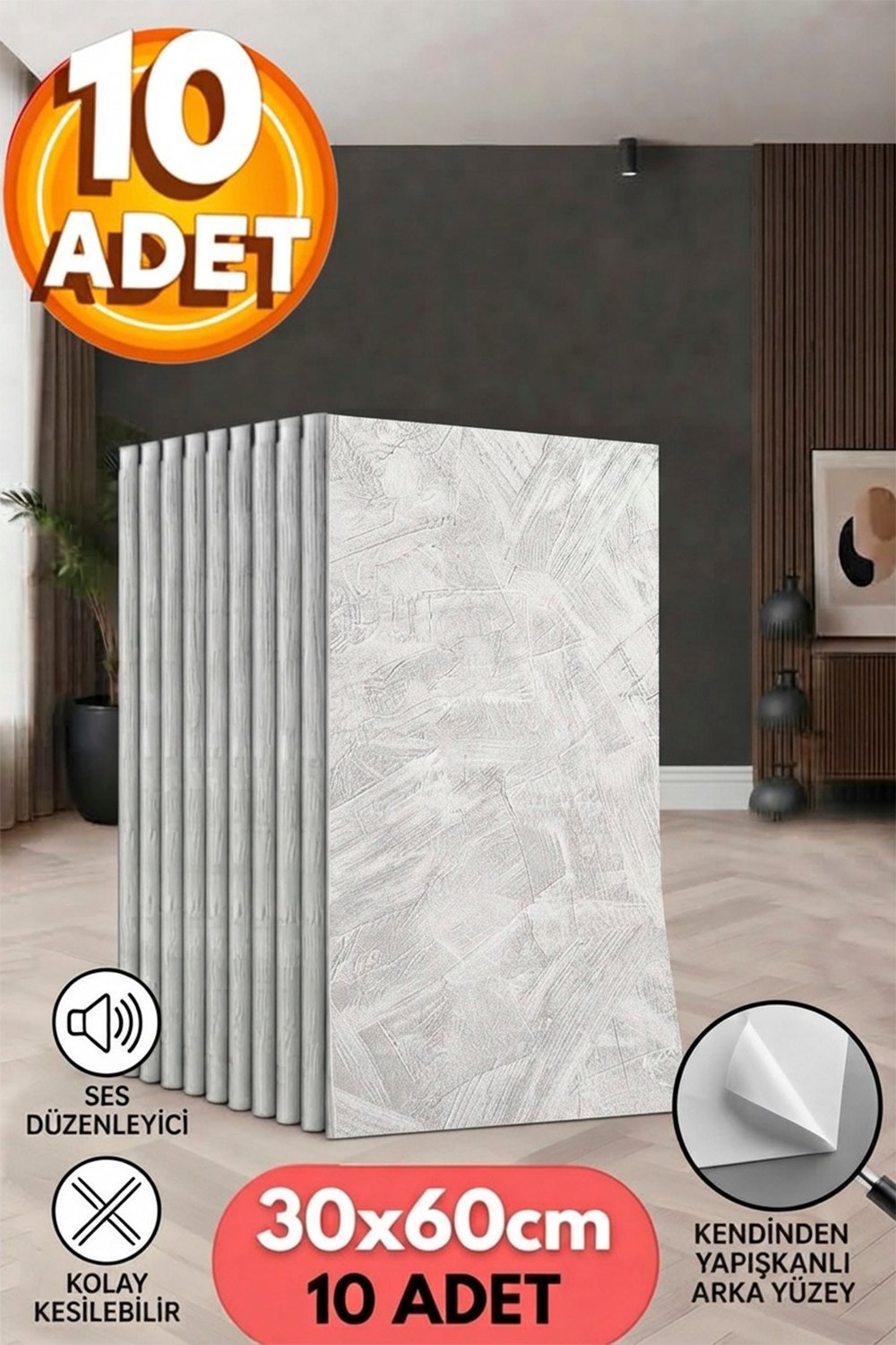 10 Adet, Yüksek Kalite Kabartmalı Dokulu Beyaz Tonlarında Gerçek Duvar Hissi Modern Beton Görünüm Desenli Pvc Mat Panel Kendinden Yapışkanlı Duvar Kaplaması Mat-5001, 30x60 CM 
