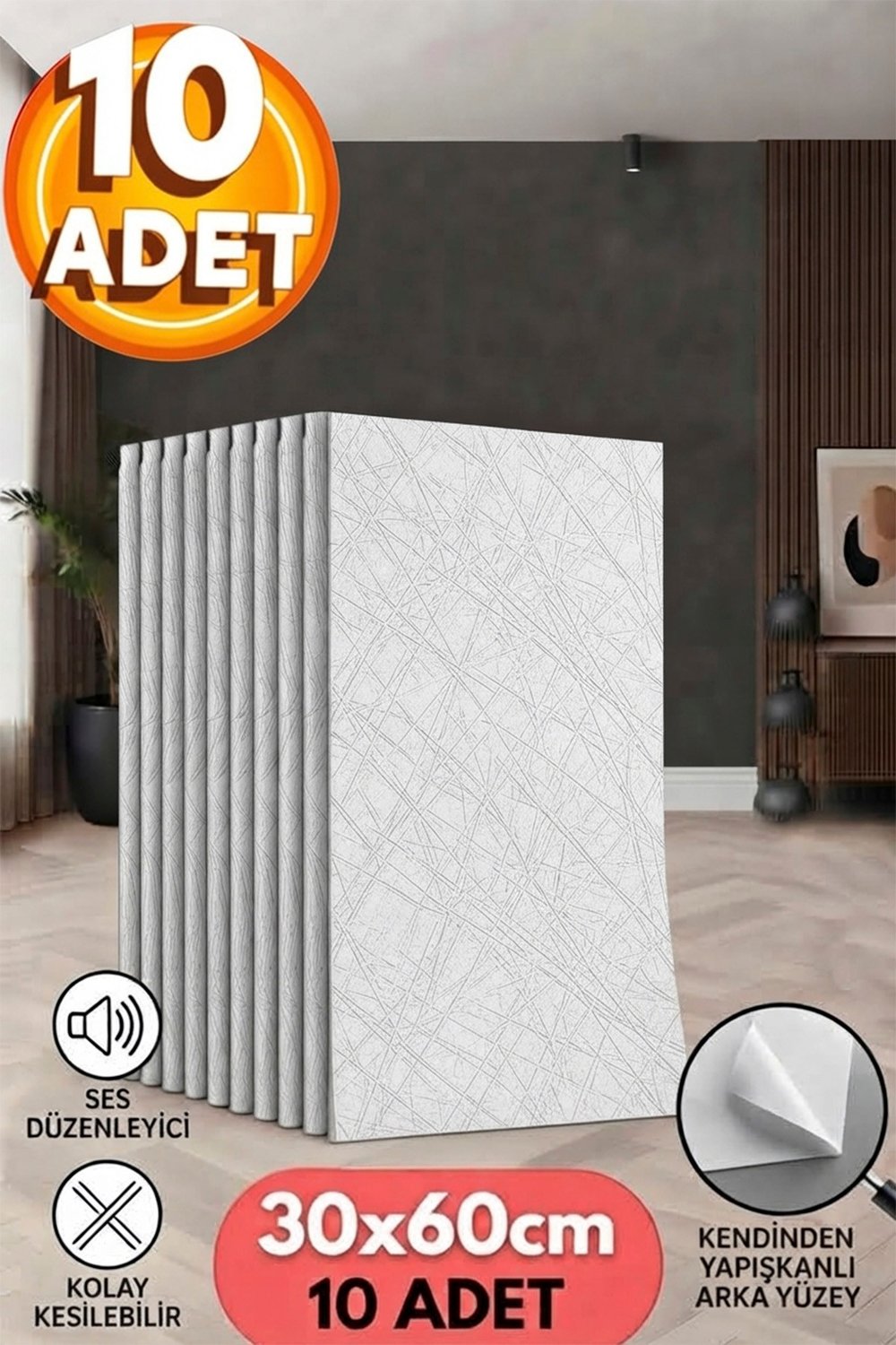 10 Adet, Yüksek Kalite Kabartmalı Dokulu Beyaz Tonlarında Gerçek Duvar Hissi Modern Çizgili Görünüm Desenli Pvc Mat Panel Kendinden Yapışkanlı Duvar Kaplaması Mat-8001, 30x60 CM 