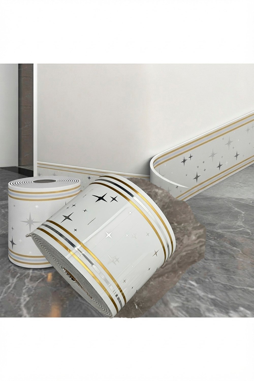 10x500 cm Beyaz Gold Yıldız Renkler Rulo Halinde Ek Yersiz Tek Parça XPE Bordür Şerit Kendinden Yapışkanlı Köpük Duvar Kaplaması-DW229