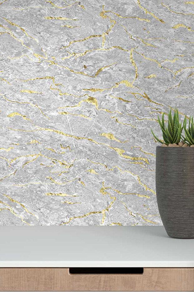 Zümrüt Exclusive 3d Mermer Gri Gold Damarlı Mermer Desenli Duvar Kağıdı 5,33 M² -7086 BNZ