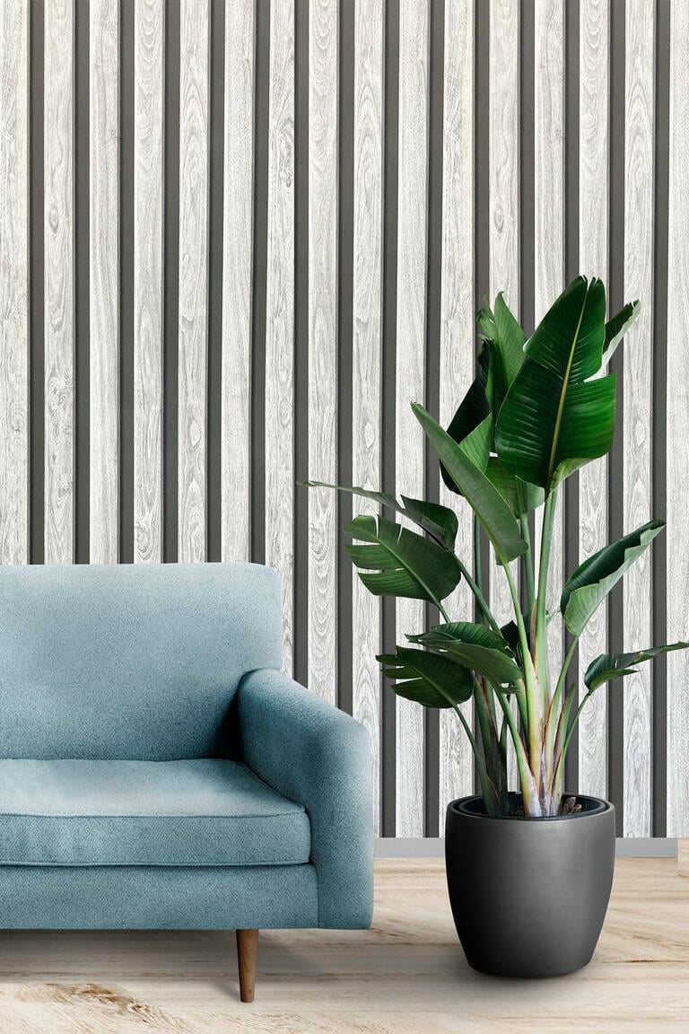 Zümrüt EXCLUSIVE 7620 Lambri Panel Siyah Beyaz Ahşap Duvar Çıtası Desenli Duvar Kağıdı 5,30 M²