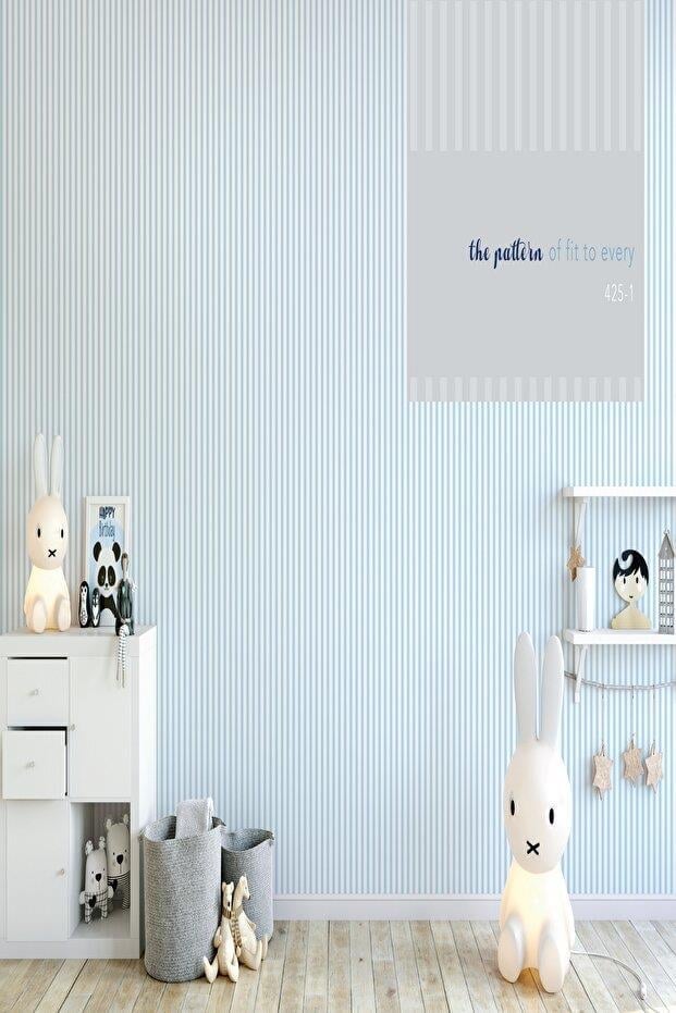 Zümrüt Kids 425-1 Açık Mavi Çizgi Desenli Çocuk Duvar Kağıdı 5,33 M²