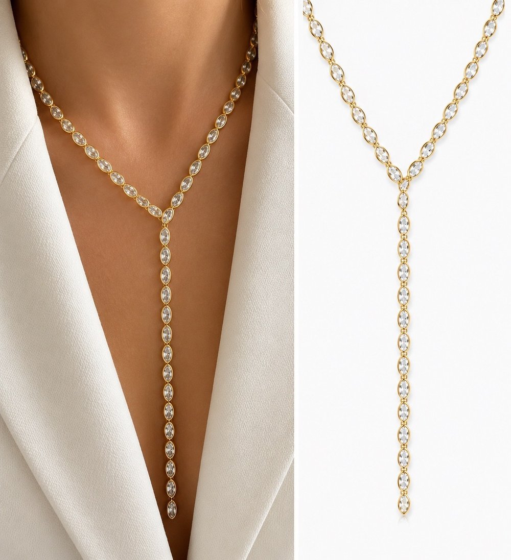 Luna Damla Taşlı Y Model Gold Kolye