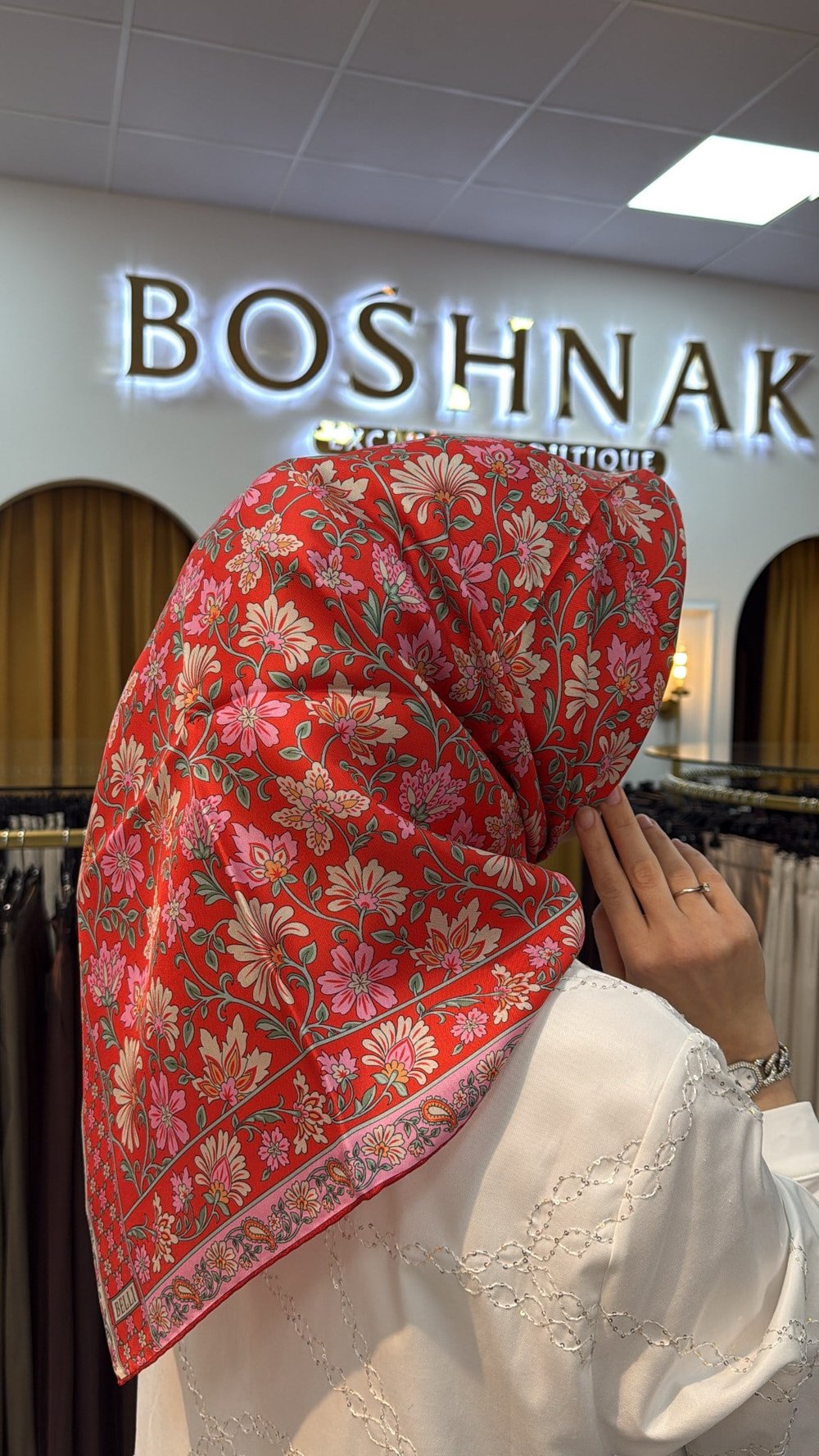 BELLİ Kırmızı Çok Renkli Etnik Desen %100 Twill İpek Eşarp 4314-09