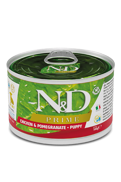 N&D PRIME Tavuk & Nar. Yavru köpekler, gebe veya emziren yetişkin köpekler için formüle edilmiş tam mamadır. 140gr