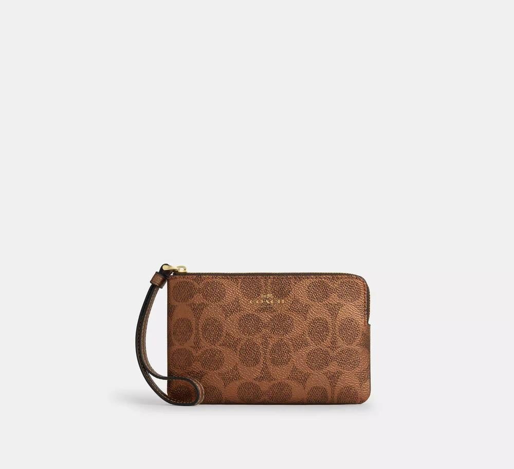 Coach/Wallet Zip Wristlet In Signature -Gold/Brown